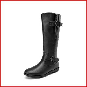 Women's Faux Fur Lined Knee High Winter Boots with Rhinestone Buckles